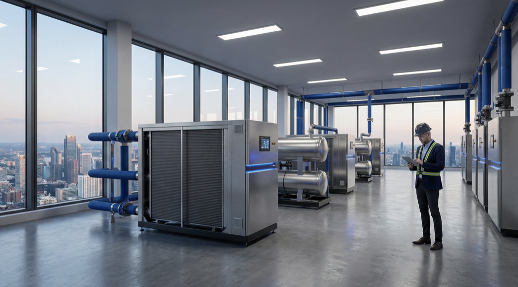 High-rise building with modern thermoacoustic HVAC system