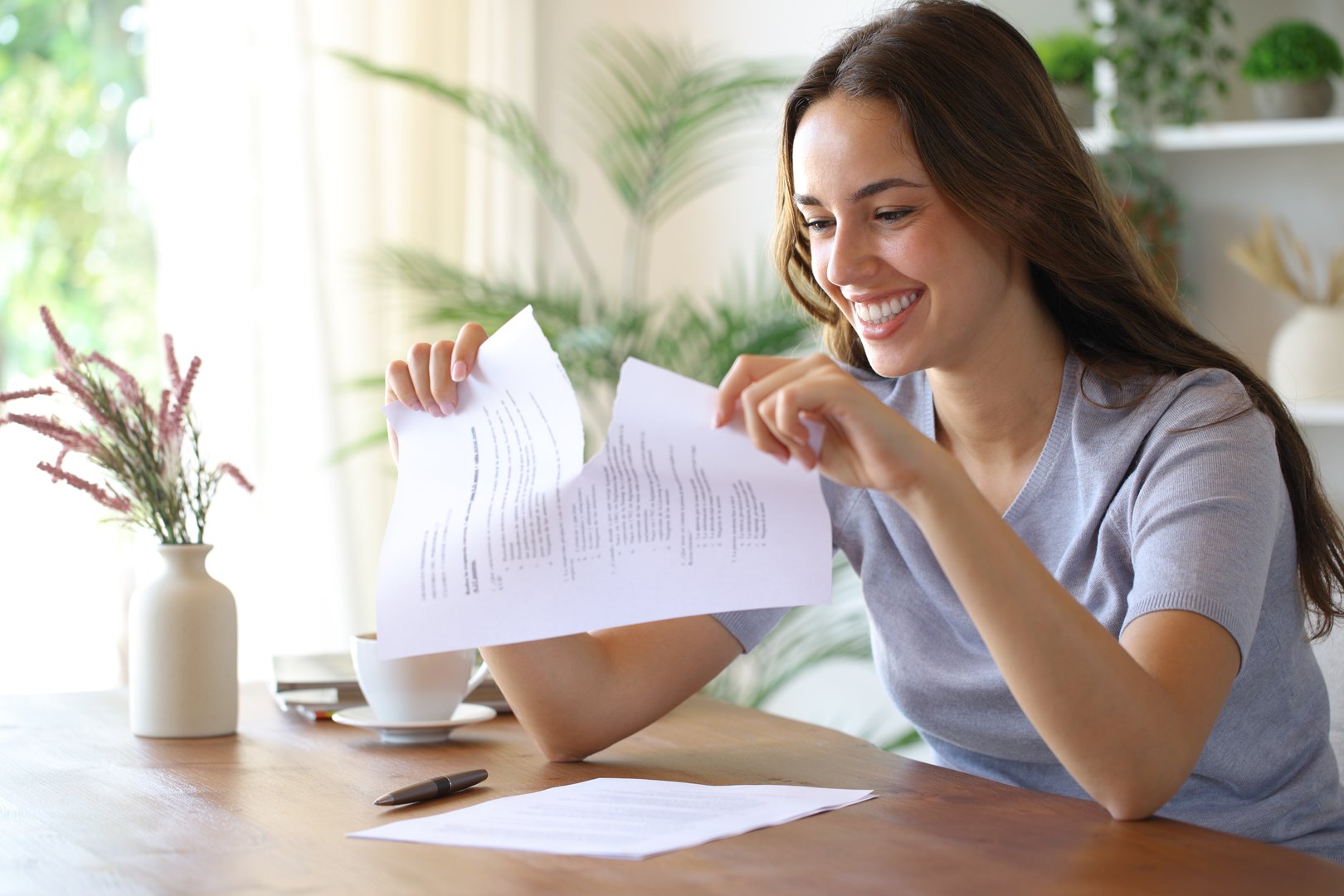 Happy woman breaking paper document sitting at home