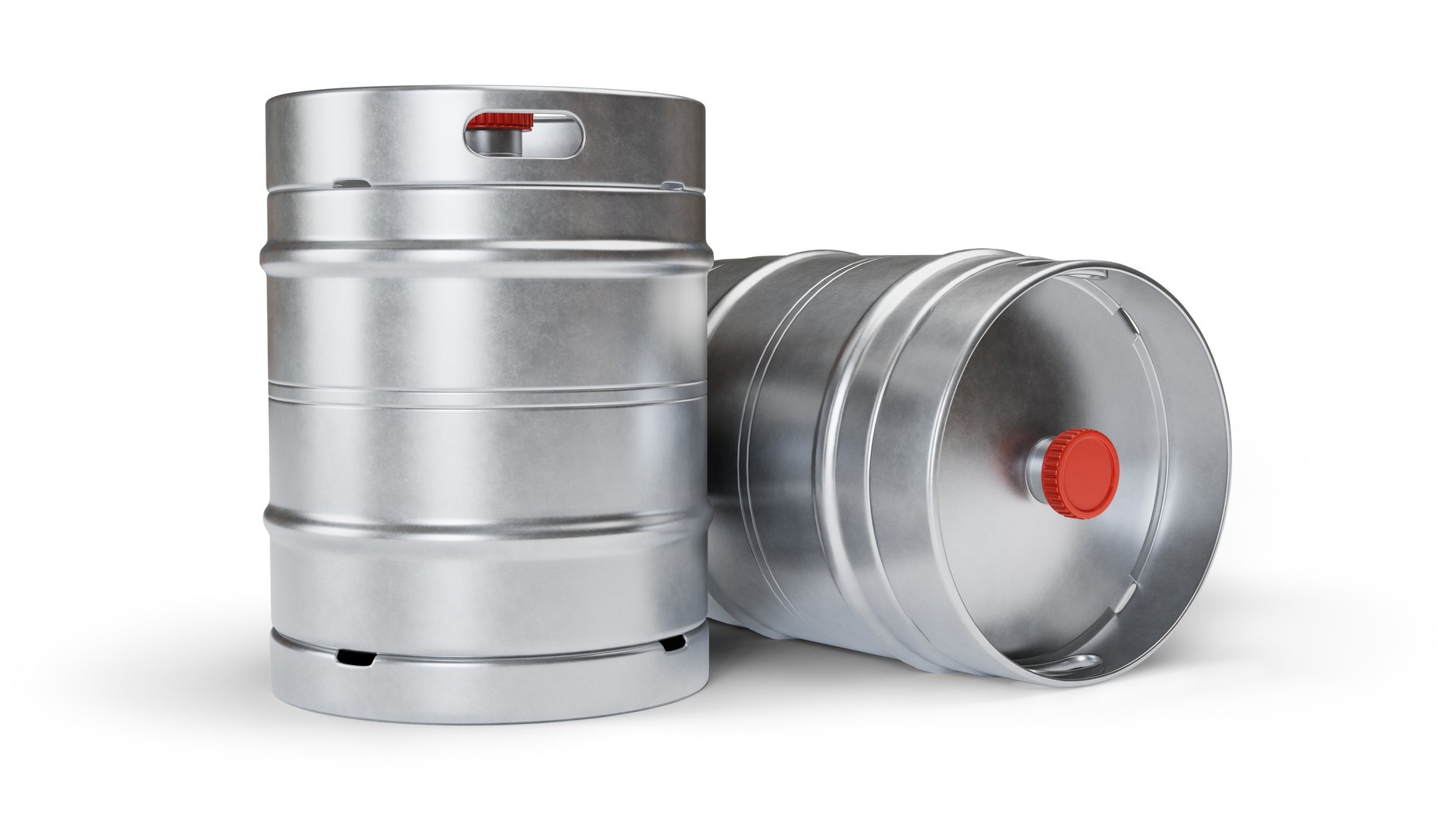 Metal beer kegs isolated on white background with clipping path included. 3D render. 3D illustration.