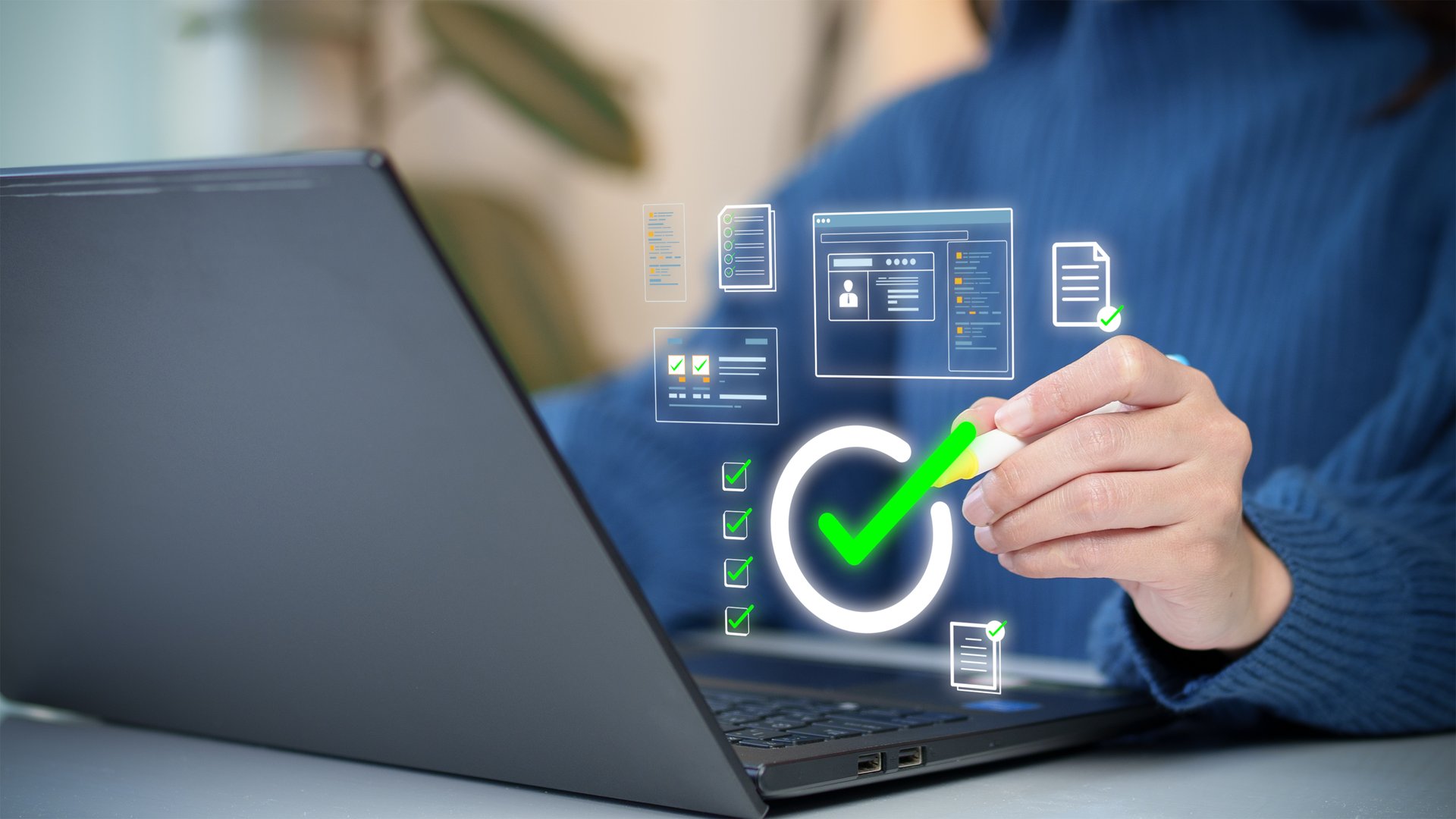 A person using a stylus on a laptop with floating digital checkmarks, documents, and interface icons, representing online task management, workflow automation, and productivity.