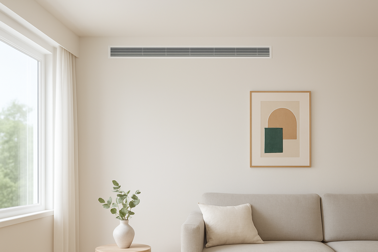 Minimalist living room with a gray sofa, abstract art on the wall, and a small wooden table with a potted plant.