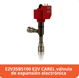 E2V CAREL electronic expansion valve with red housing and metallic components, labeled E2V35BS100.