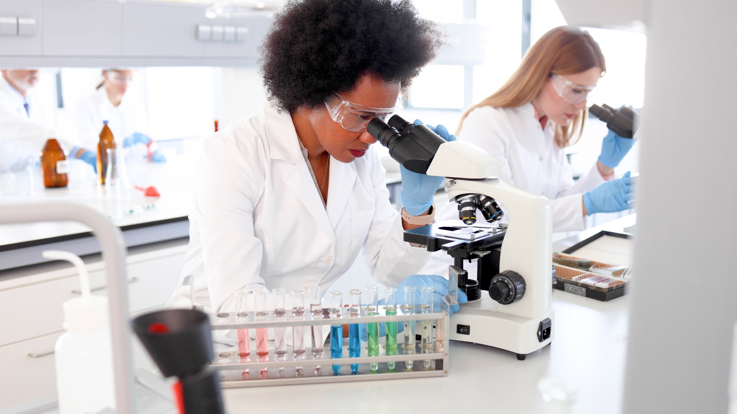 Lab specialists working at the lab and examining some samples on the microscopes