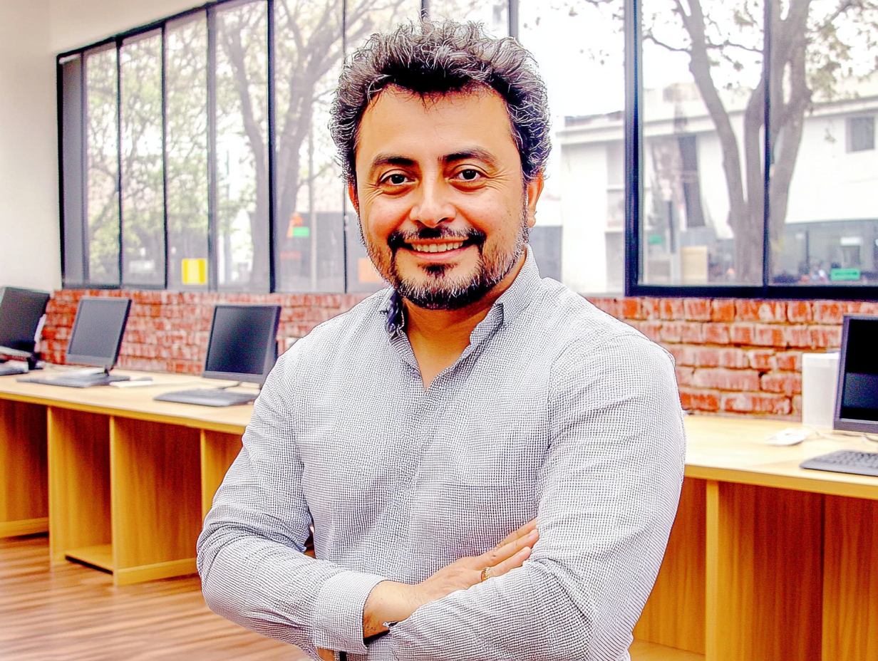 Man with beard and gray shirt standing in an office with computers and brick walls, smiling confidently.