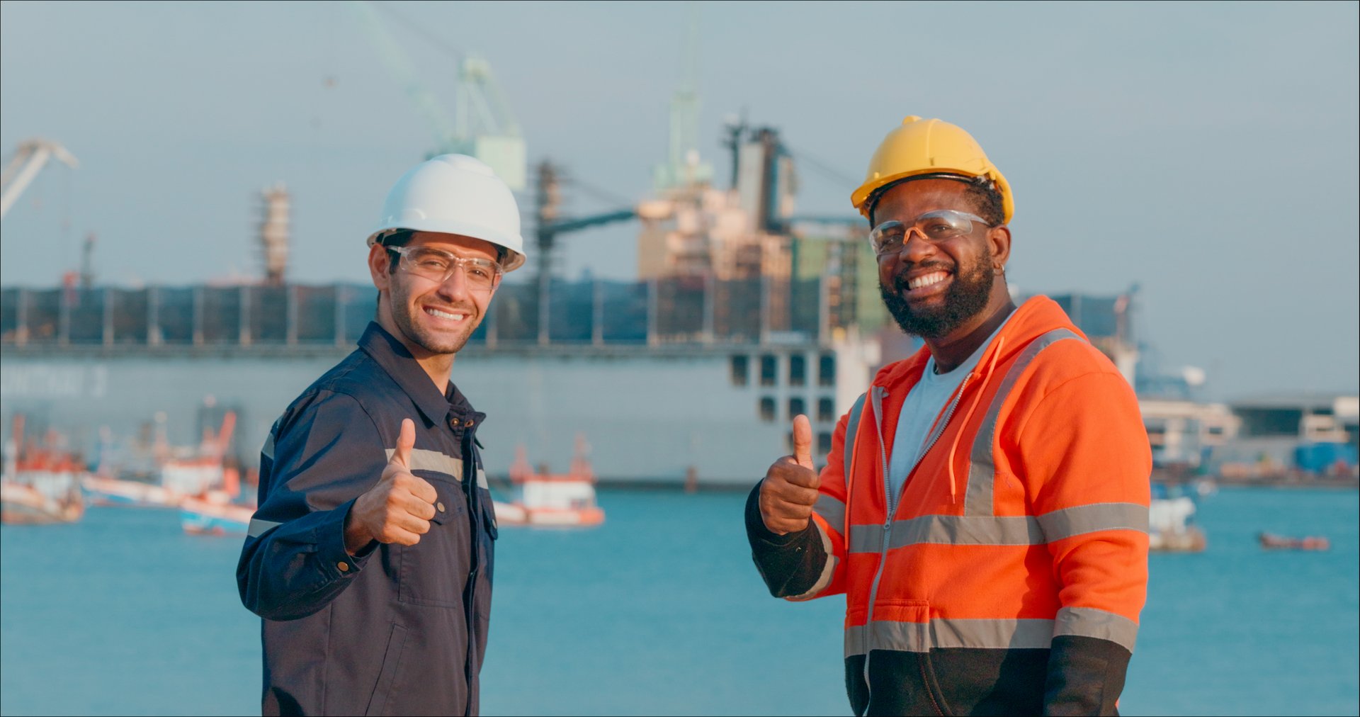 Portrait maintenance engineer team Cross-arm after meeting a plan to repair or rebuild a large bulk ship damaged via an application and using Artificial Intelligence (AI) to research data with the resulting design rebuild on a laptop at a Commercial Shipyard.