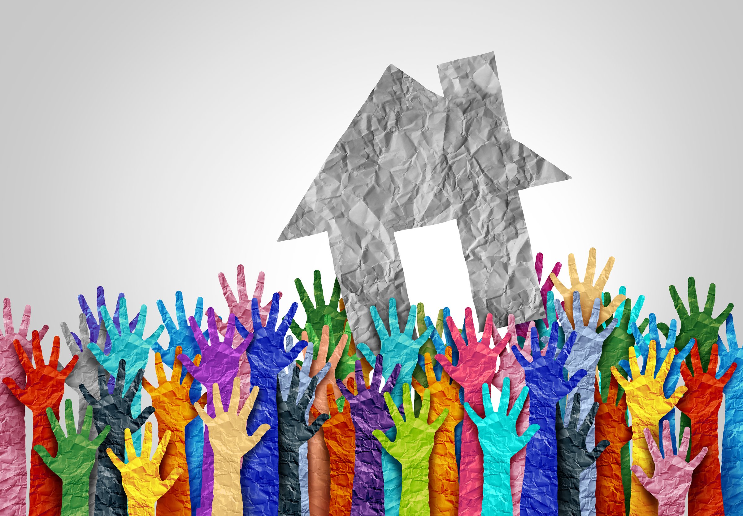 Homelessness Community Support and homless awareness as a social issue of society with the lack of affordable housing and homes or houses for the poor as society helping to provide shelter to the needy.