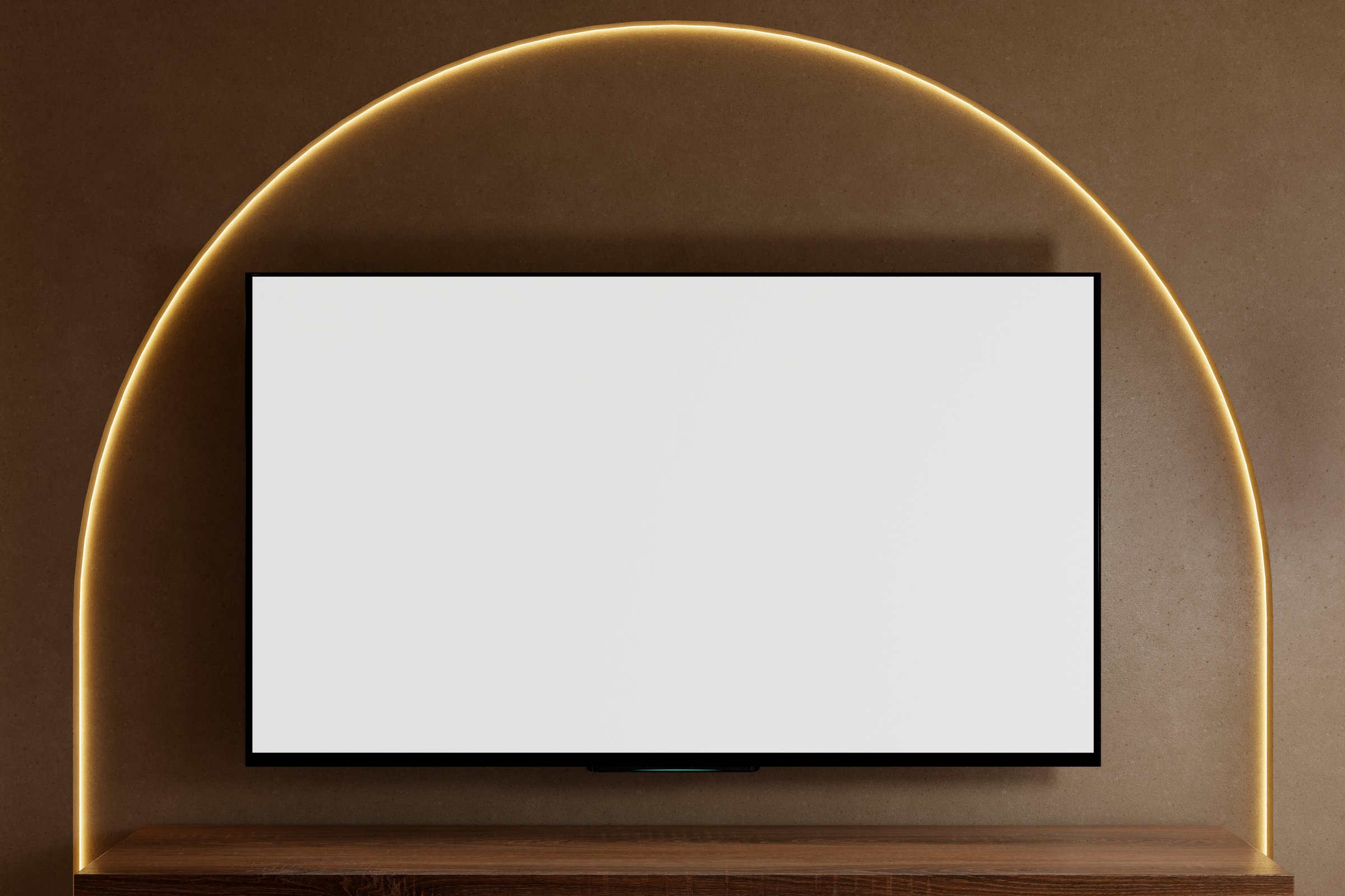 Modern wall-mounted TV with LED arch light on brown background- 3D rendering