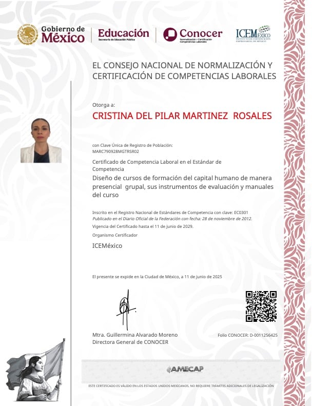 Certificado EC0301 CONOCER de Cristina del Pilar Martínez Rosales
