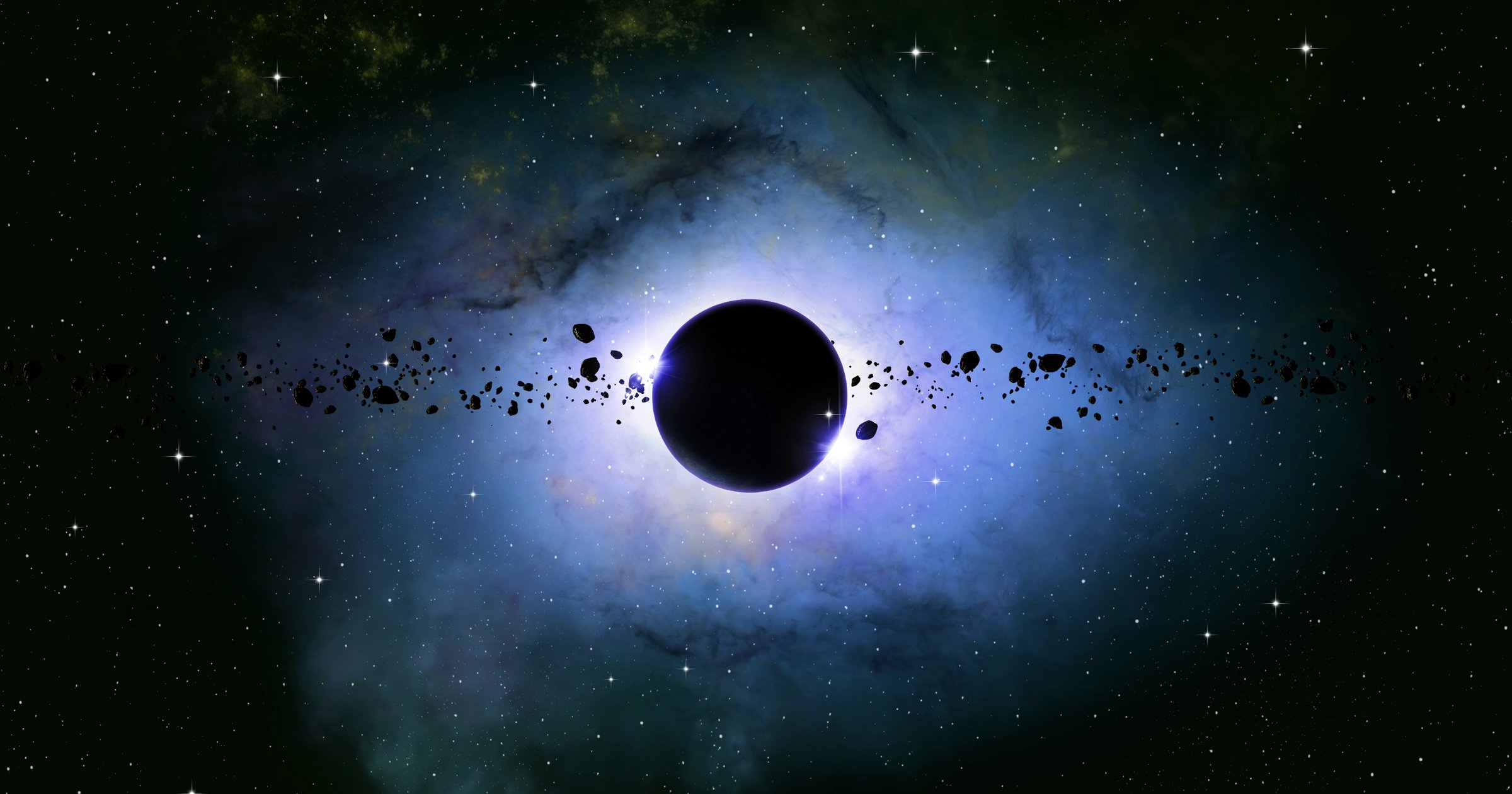 deep space illustration of imaginary alien planet eclipse with nebula stars and asteroids