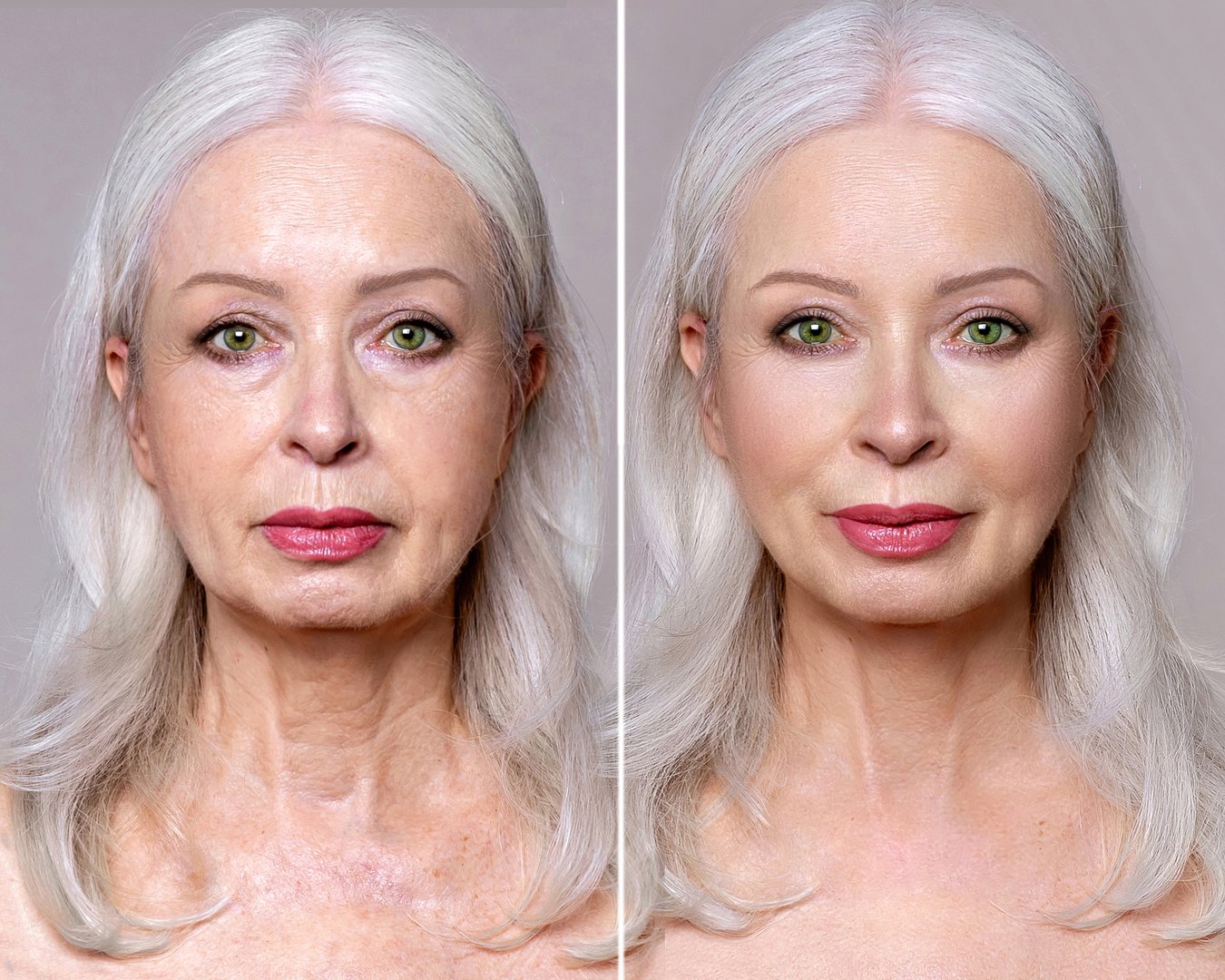 Portrait of a woman after 60 years old before and after lifting, facebuilding, application of creams, and other cosmetic procedures for mature skin care. Close-up, on gray background with copied space for text