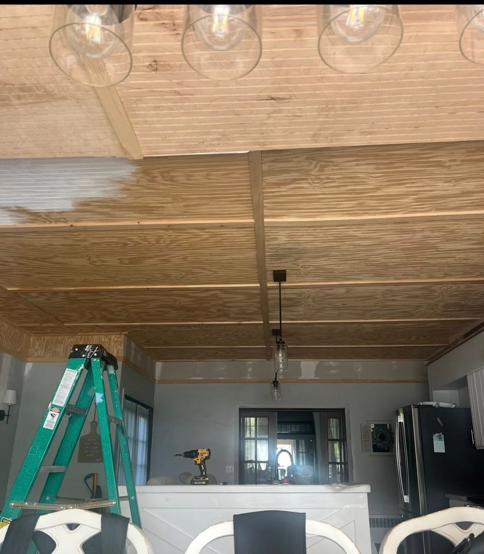 During - Beadboard ceiling installation in progress