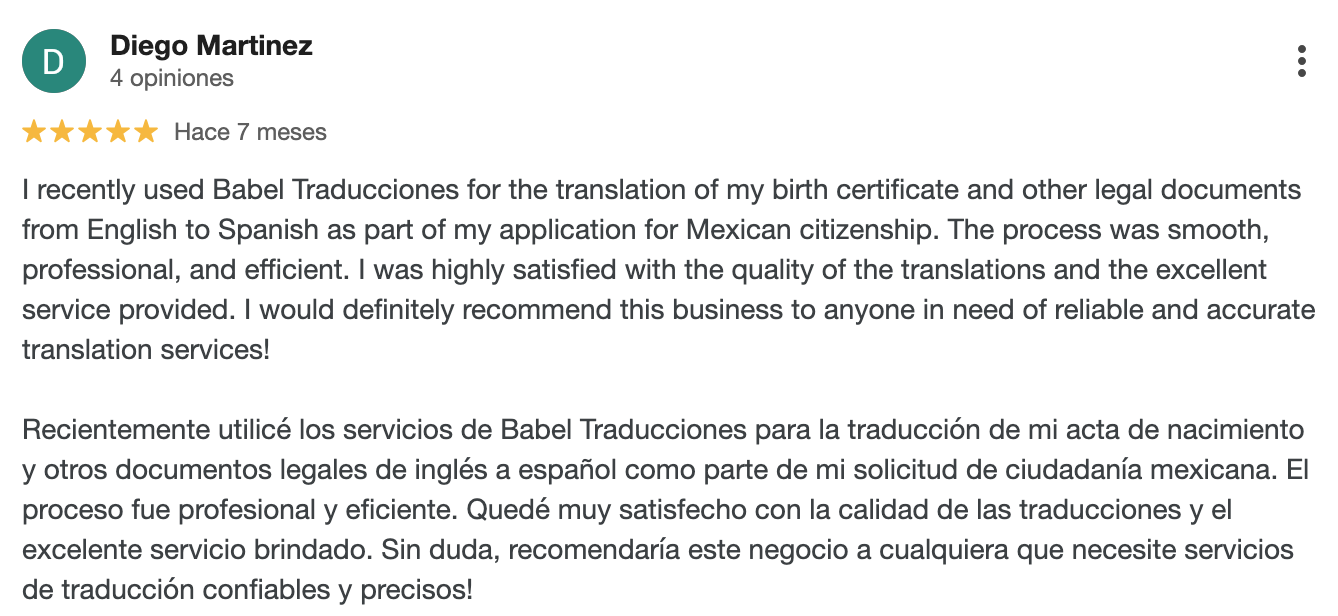 Reseña positiva sobre traducciones certificadas de calidad