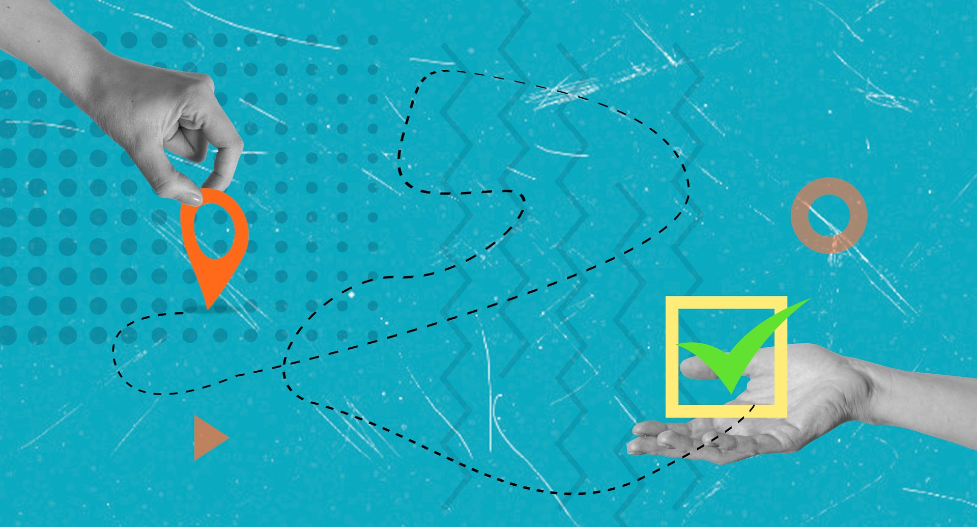 Hands are shown interacting with location markers and checkboxes on a bright blue background. This scene represents navigation and the accomplishment of tasks visually.