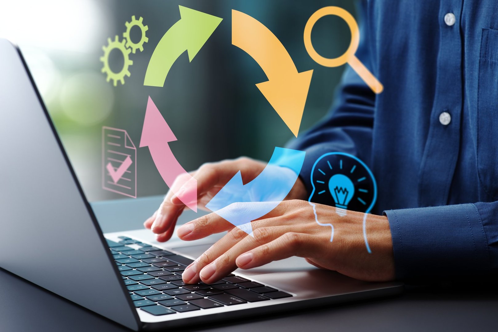 Feedback loop for continuous improvement Business decision-making strategy. OODA and PDCA cycles. Businessman using laptop computer to manage project.