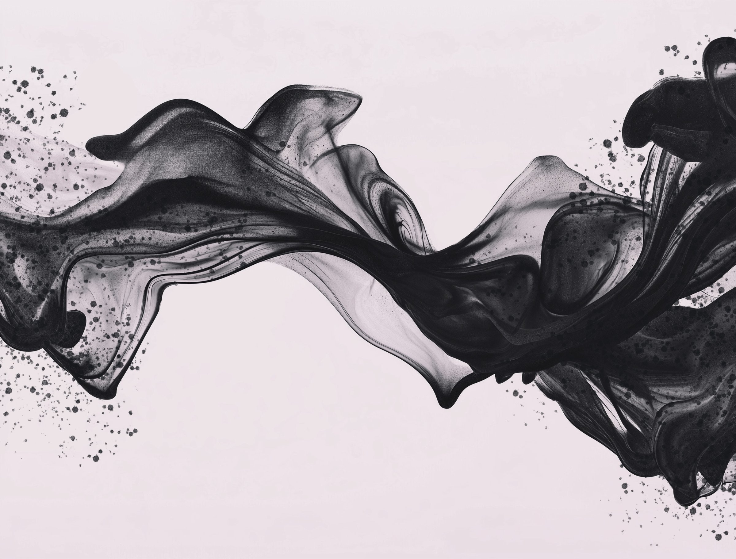 This captivating abstract stock image showcases a dynamic flow of black ink or smoke, swirling and curving gracefully across a soft, light grayish-white background. The design is accented with delicate splatters, adding texture and depth to the composition. Perfect for use in creative projects, this artwork evokes a sense of fluidity, mystery, and modern elegance. Ideal for backgrounds, wallpapers, graphic design, or artistic prints, this versatile image can enhance a variety of digital and print media.
