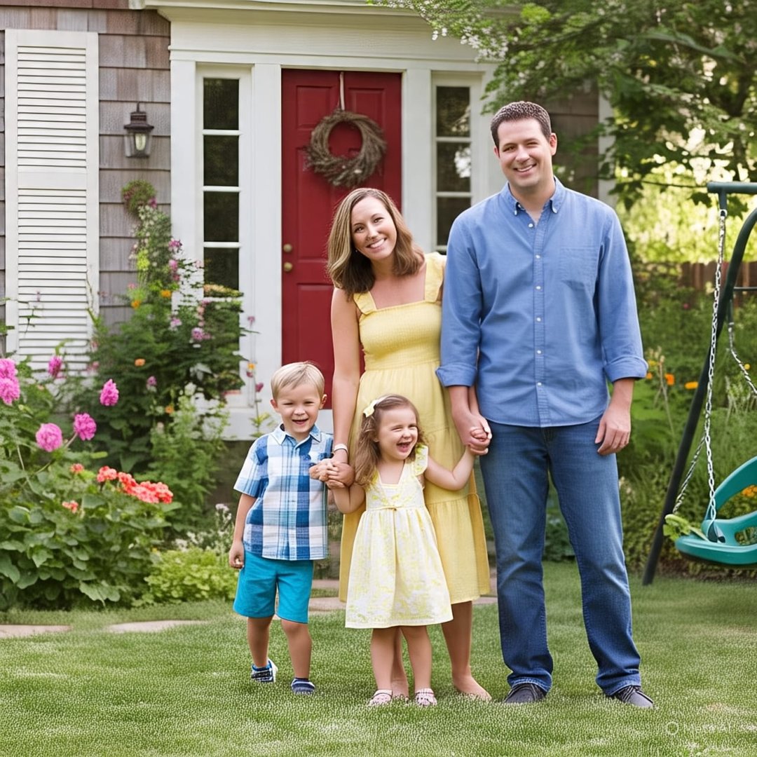 Family of four smiling and holding hands in a garden with colorful flowers in front of a house with a red door.