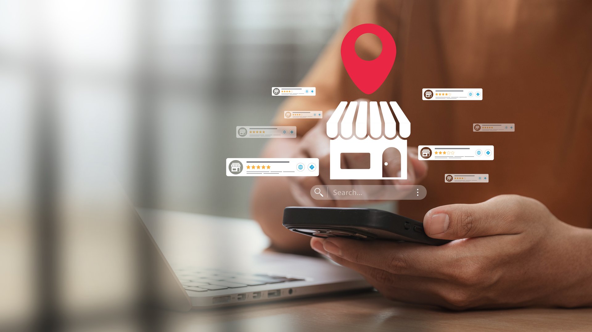 local business search and SEO strategy with customer review rating, storefront icon, location pin, and smartphone interaction showing online reputation management in digital marketing