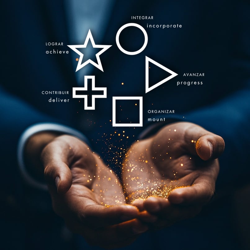 A person in a suit holds glowing particles with geometric shapes and Spanish words like lograr y avanzar above the hands.