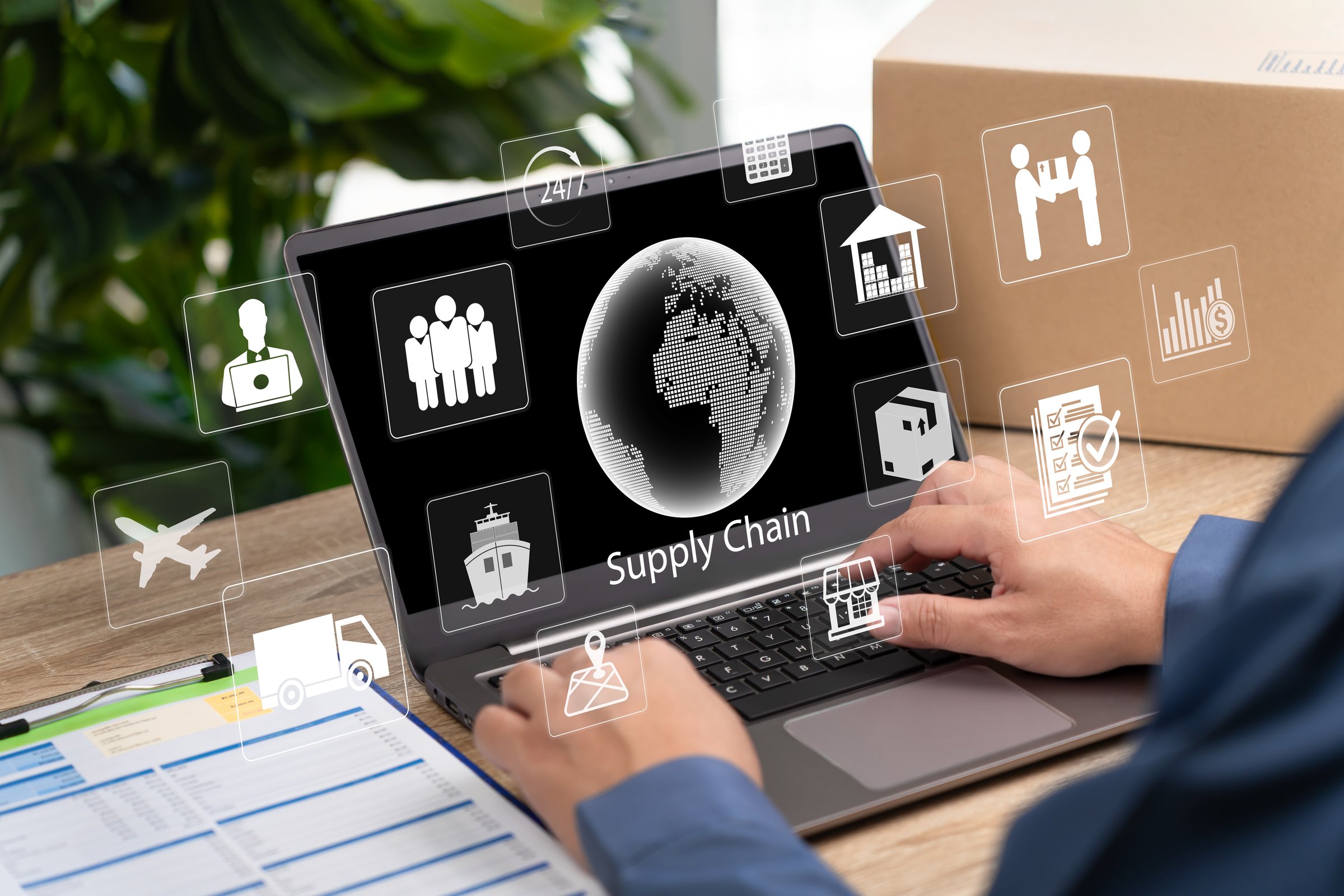 Supply Chain Management and Logistics Optimization Concept, Businessman Analyzing Technology-Driven Supply Chain Control, Inventory Management, Distribution Efficiency, Risk Assessment,Smart Logistics