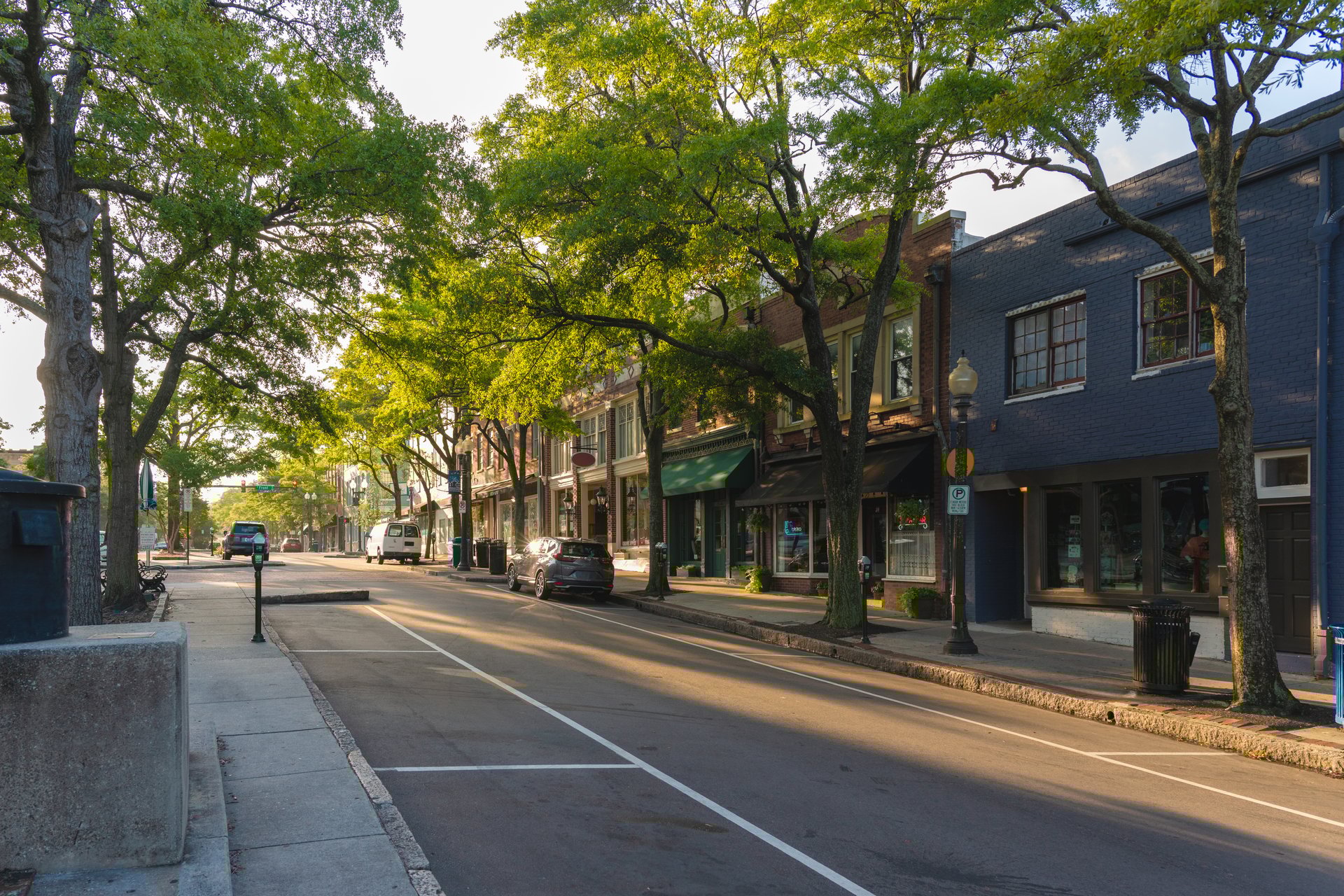 Small town Southern charm on Market Street in the center of the historic district in Wilmington, North Carolina. Early morning, empty street, late spring. Two-story buildings, circa 19th century, offer a mix of retail, restaurant and office. Feeling of tranquility, calmness, prosperity.