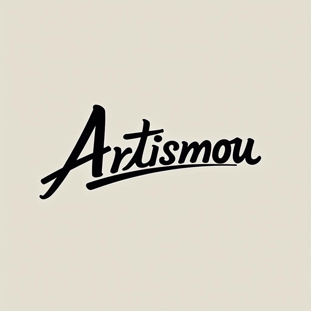 Stylized black script text Artismou on a beige background.