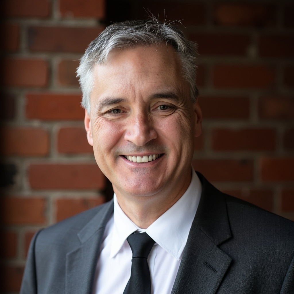 Man in a white shirt and tie smiles in front of a painting of sailboats on a sunny day.
