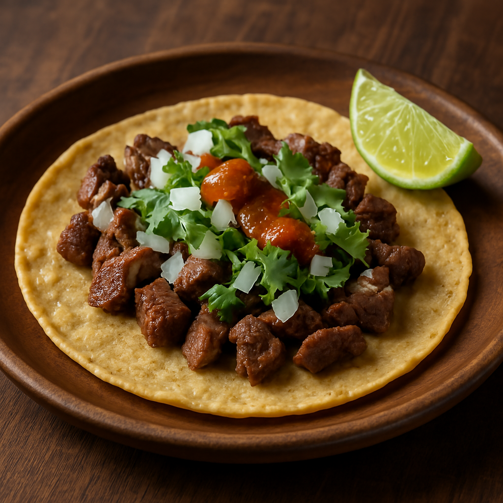 A taco with diced beef, cilantro, onions, and salsa on a corn tortilla, garnished with a lime wedge on a wooden plate.