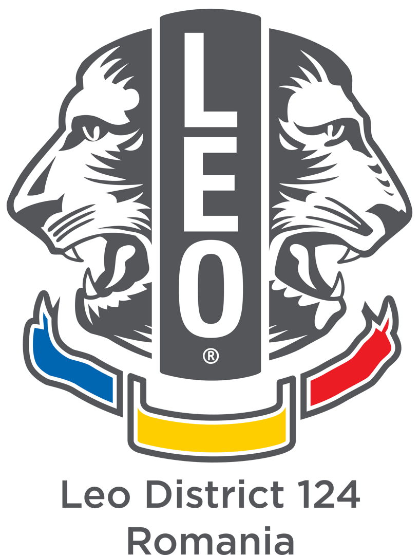 Leo District 124 Romania logo featuring two lion heads and a banner with Romanian flag colors.