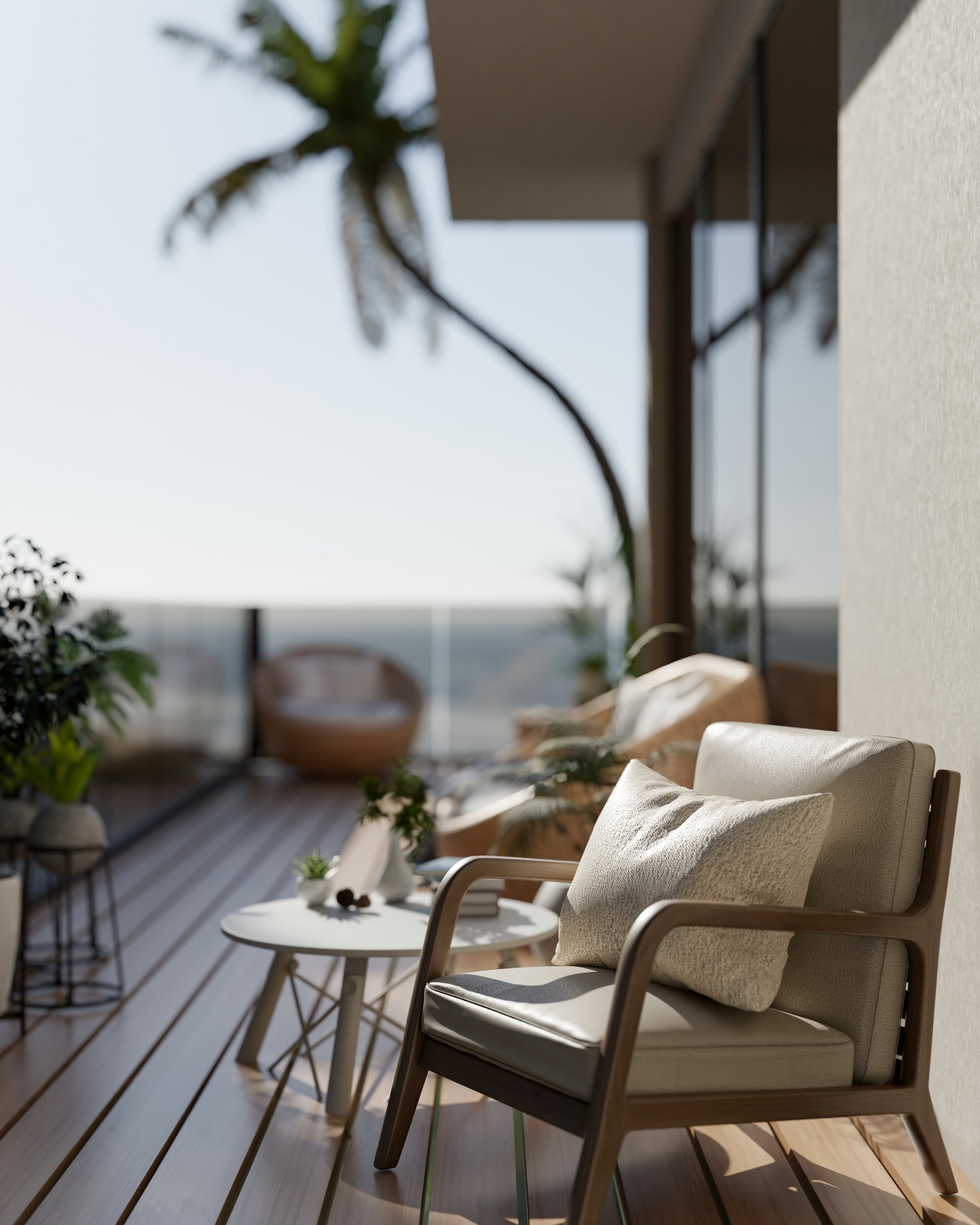 A minimalist comfortable armchair with a pillow placed on a balcony with a stunning beach view. home exterior, hotel, 3d render, 3d illustration