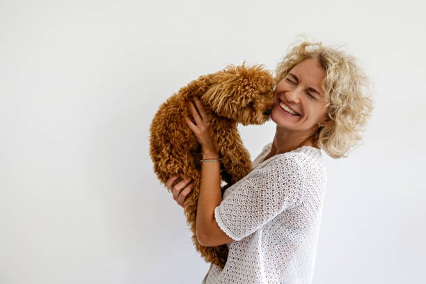 Smiling woman with curly hair holding a fluffy brown dog against a plain white background.