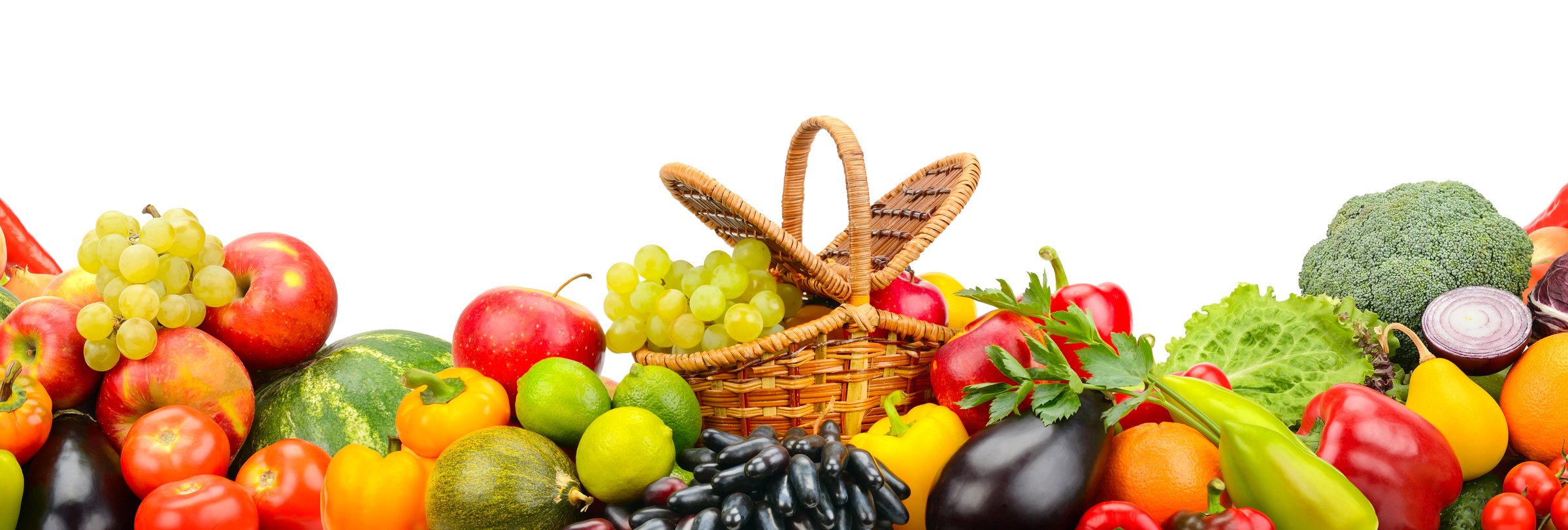 Collection bright berries, fruits and vegetables isolated on white background.