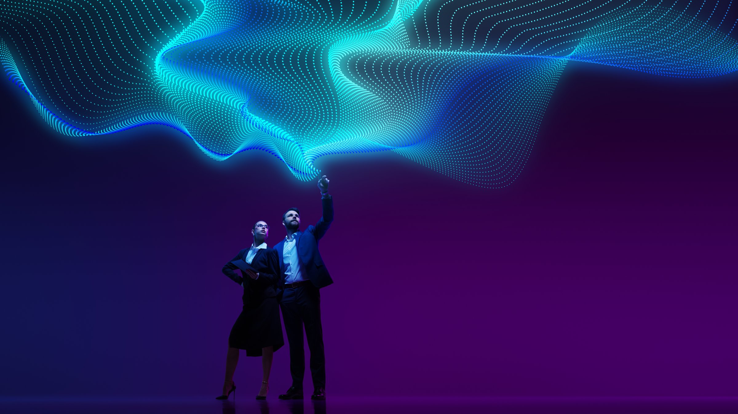 Businessmen points to data network projected above him, symbolizing connectivity and digital transformation in corporate world. Concept of information, connection, network, business, modern technology