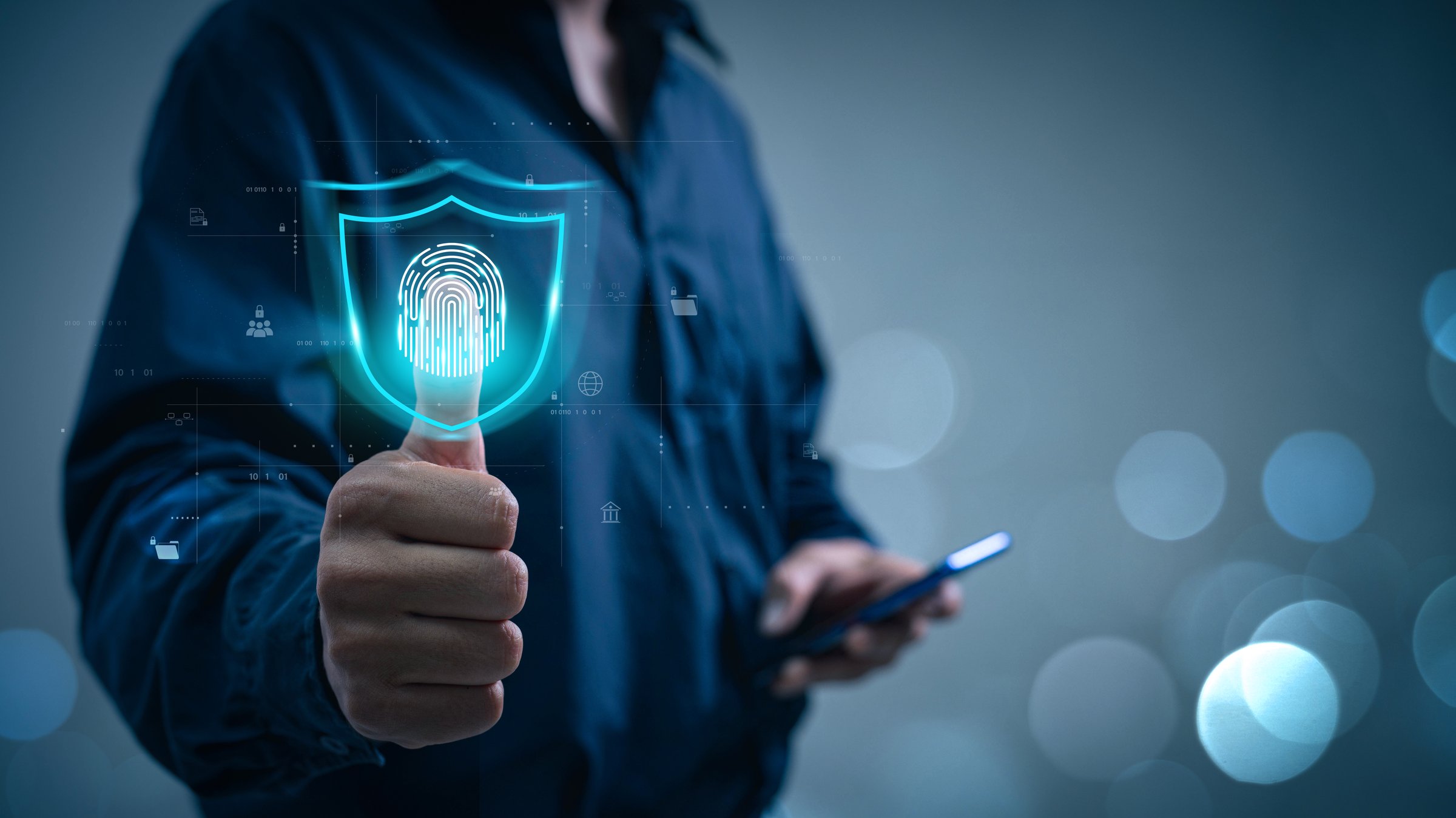 Cyber security network and data protection concept. Businessman using fingerprints to access business information, biometric identification and  digital cybercrime anti-crime technology innovation.