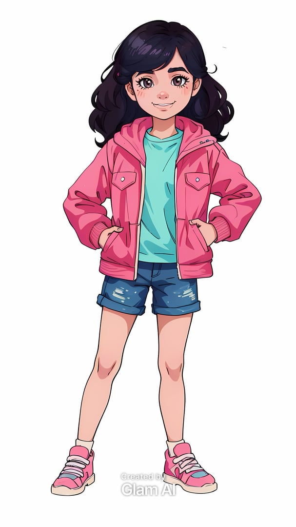 Anime-style girl with long dark hair, wearing a pink jacket, teal shirt, denim shorts, and pink sneakers, hands on hips.