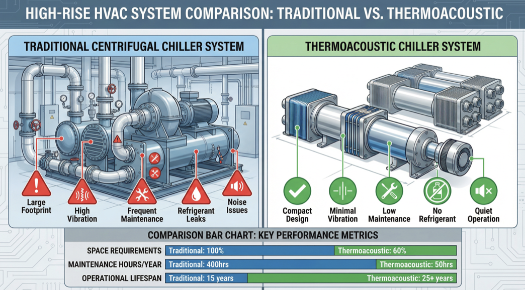 Thermoacoustic HVAC system diagram for high-rise buildings