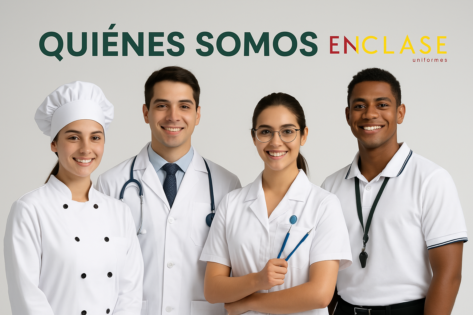 Group of four professionals in uniforms: chef, doctor, nurse, and business professional smiling, with text "Quiénes Somos Enclase."