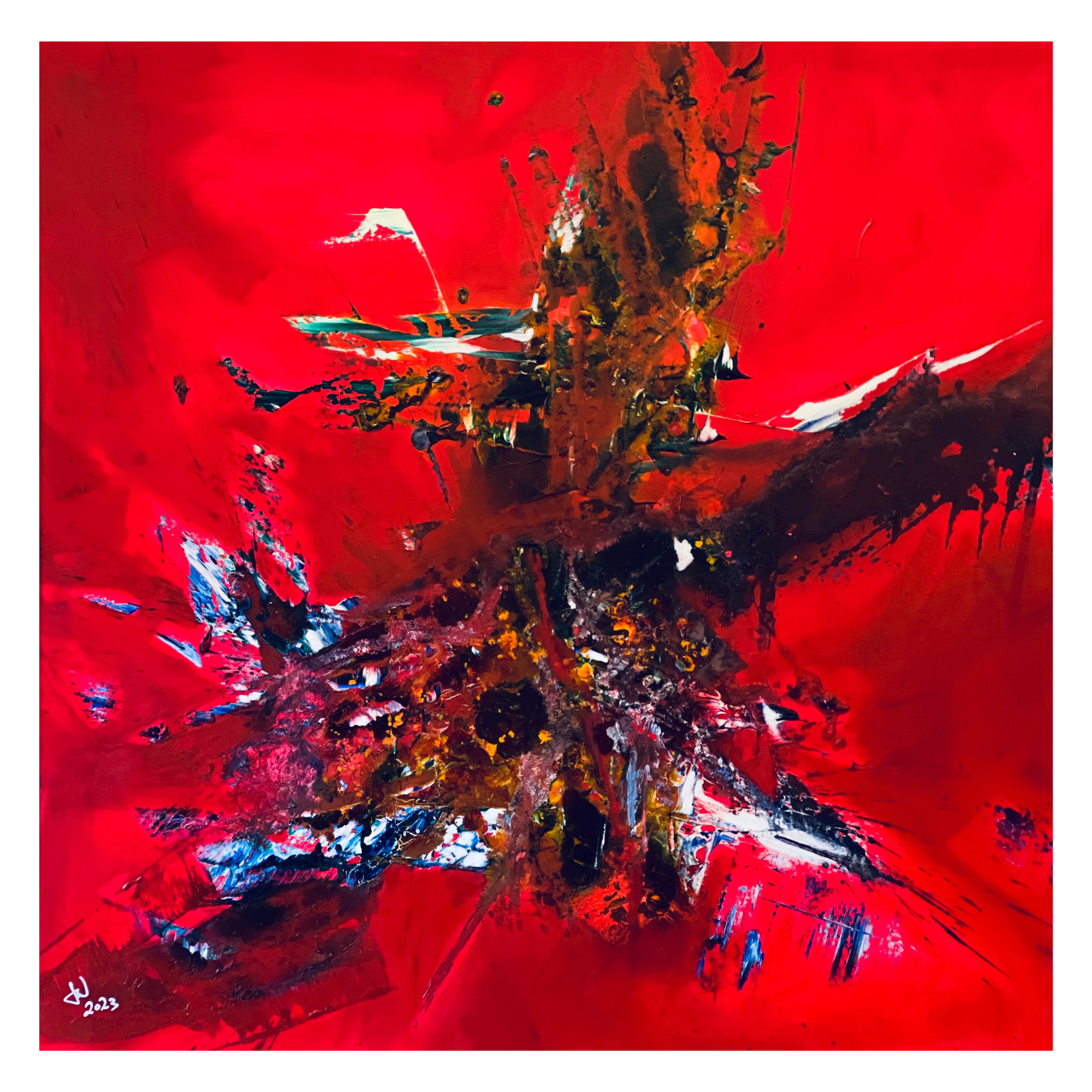 Abstract painting featuring dynamic red, black, and white brushstrokes, with splashes of yellow and blue accents.