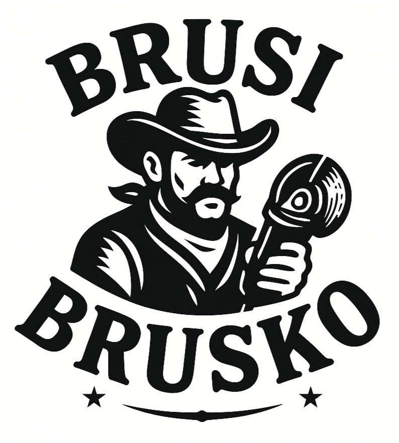 Logo featuring a cowboy holding an angle grinder, with the words Brusi Brusko above and below the illustration.