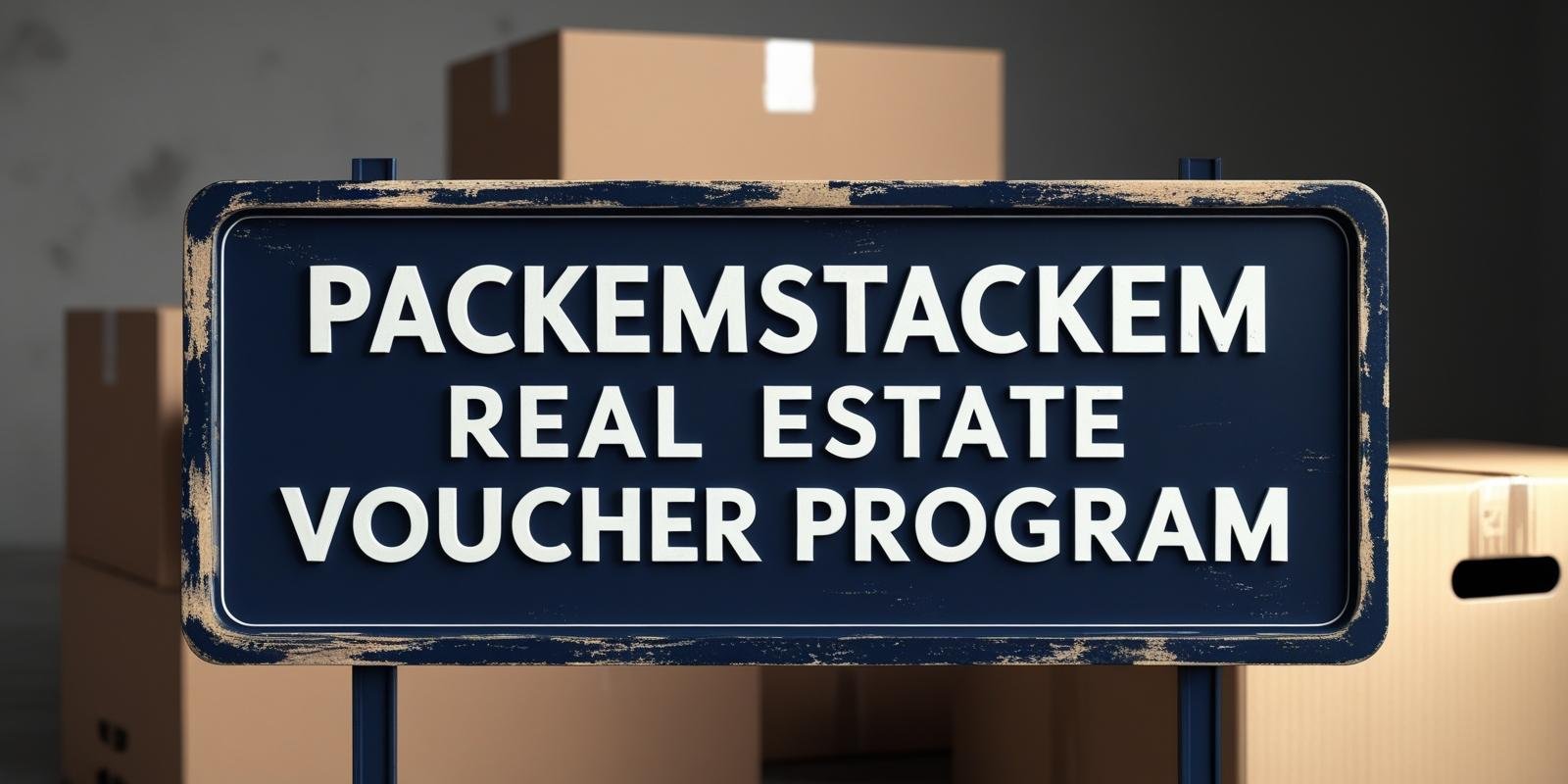 PackEmStackEm Real Estate Voucher Program sign with dark blue background and packing boxes