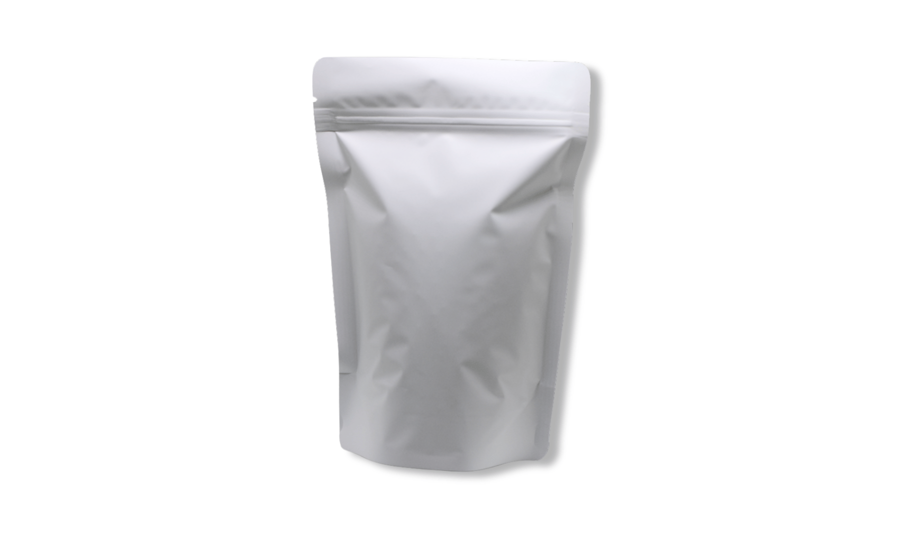 A plain white stand-up pouch with a resealable zipper, commonly used for packaging food or other small items.