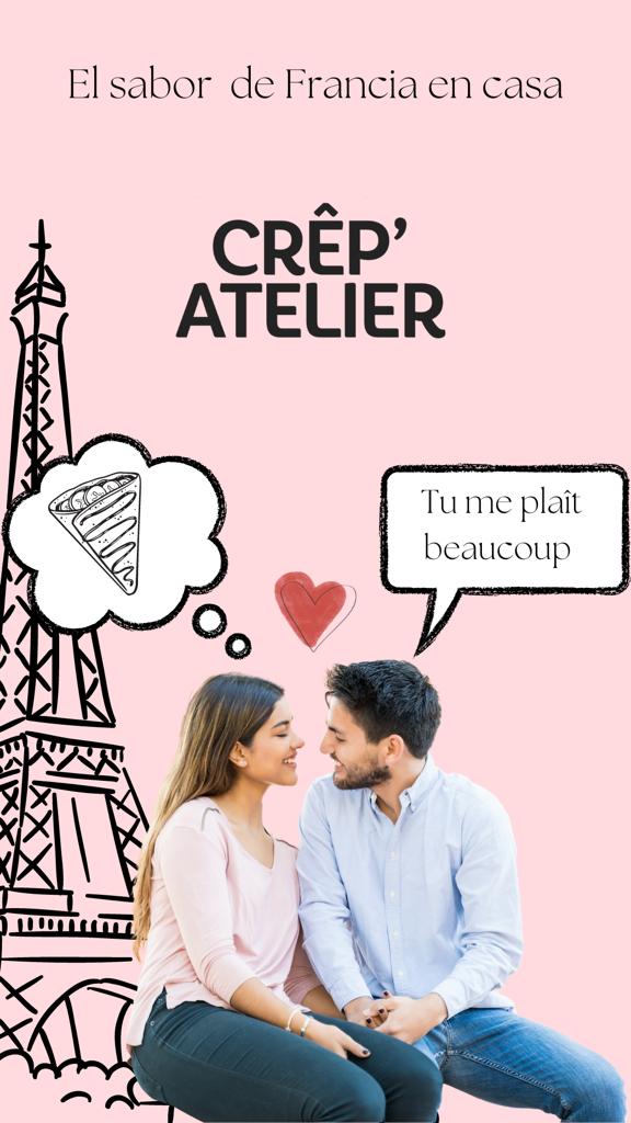 A couple smiling at each other with speech bubbles, Eiffel Tower illustration, and text: "Crêp' Atelier," "Tu me plaît beaucoup."