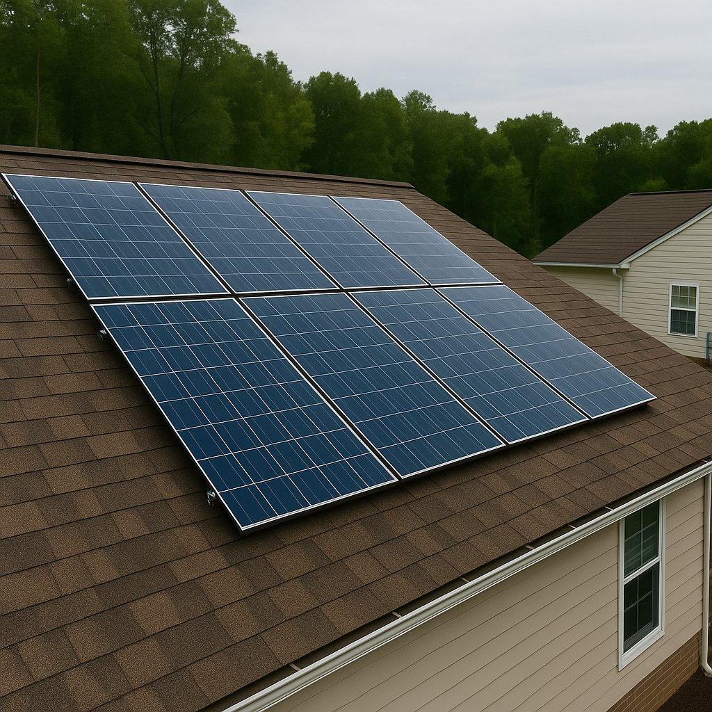 Solar panels on a residential rooftop with trees in the background on a cloudy day.