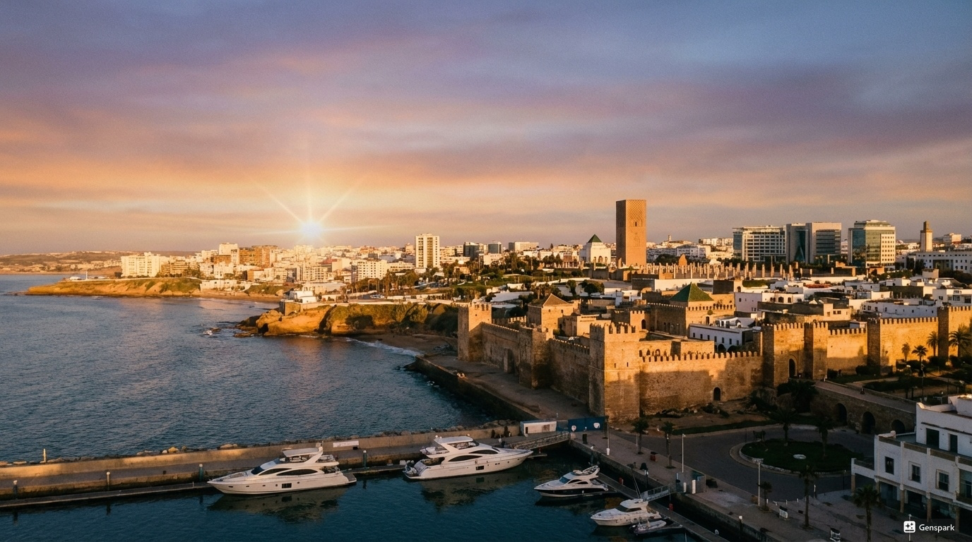 Ultra-wide cinematic view of Rabat at sunset