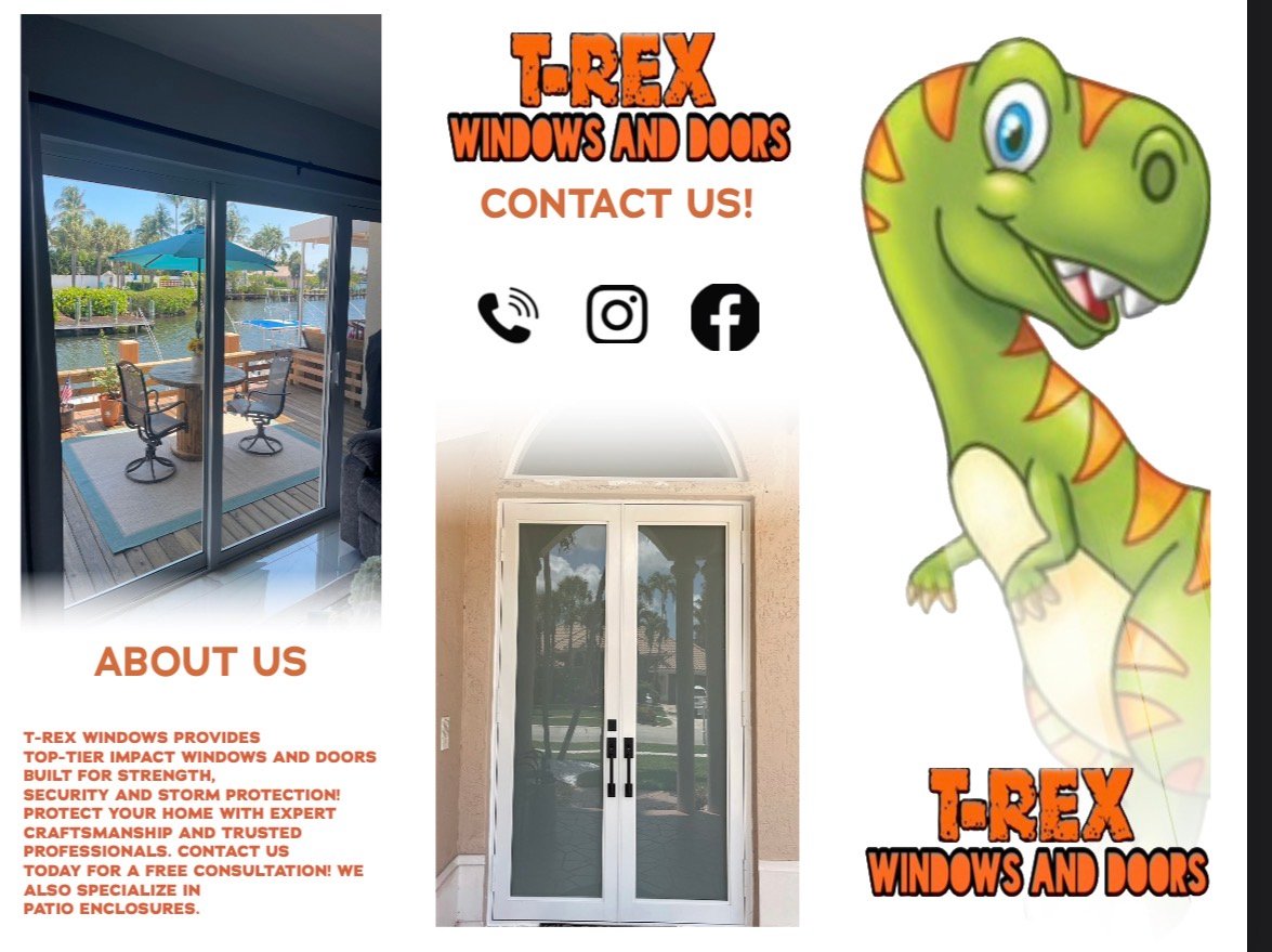 T-Rex Windows product brochure page 1 showing South Florida impact windows and hurricane protection systems