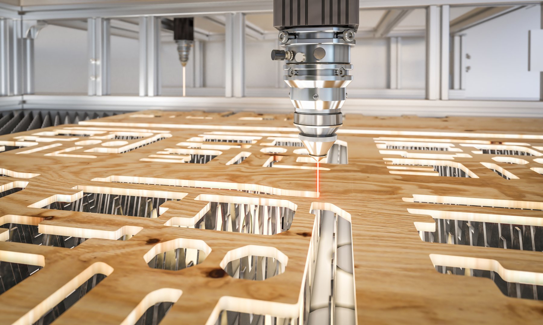 Laser engraving machine cutting a complex design on a wooden plank in a factory setting 3d