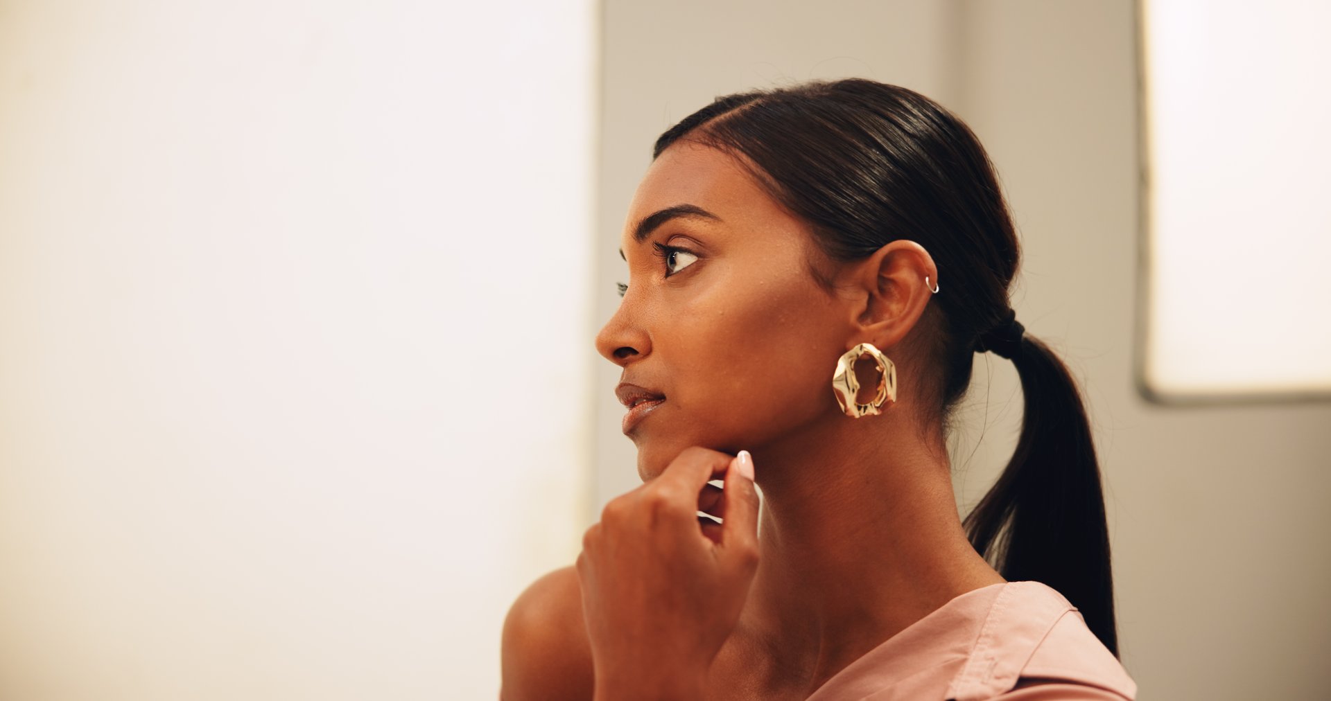 Profile, thinking and woman with fashion, stylish clothes and confident personality with space. Indian person, mockup and model with casual outfit, trendy and gen z with pride, beauty and aesthetic