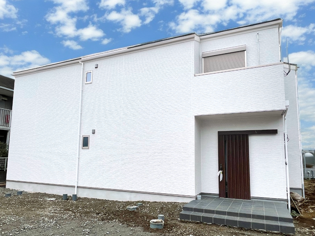 Modern white two-story house with a flat roof and minimal design, featuring a dark wood front door and a tiled entrance.