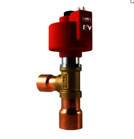 Red and brass solenoid valve with copper fittings, labeled EV, used in HVAC systems.