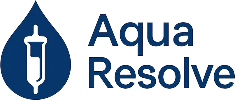 Logo with a blue water droplet and syringe design, accompanied by the text Aqua Resolve.