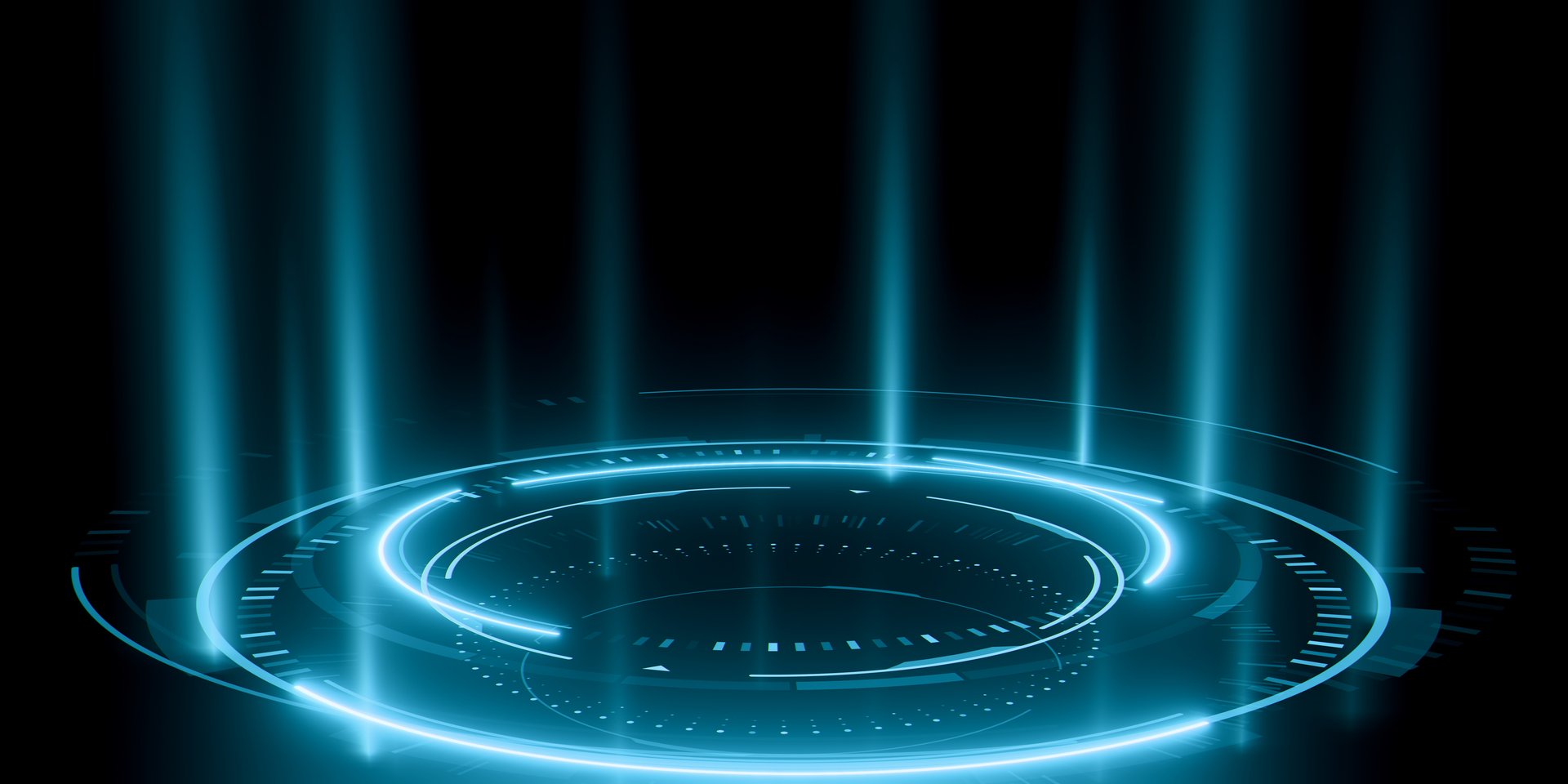 Futuristic holographic interface with glowing neon blue rings and light beams on dark background, sci-fi digital HUD design